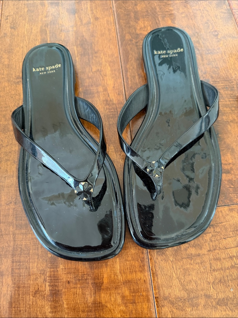 kate spade Black Patent Floral-Accent Thong Sandals